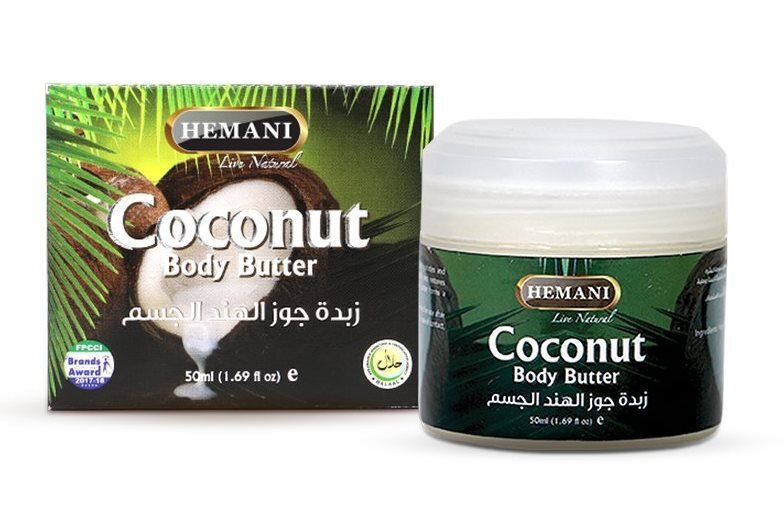 Крем для тіла зволожуючий з олією кокоса 50ml Coconut Body Butter Hemani Крем для тела Coconut Body Butter Hemani – питательное кокосовое масло для тела, которое увлажняет и смягчает кожу. Легкая формула, которая быстро впитывается и восстанавливает мягкость и влажность кожи.

Это ультра-увлажняющее масло для тела образует барьер для влаги, обеспечивая гладкую и увлажненную кожу.

Способ применения: нанесите массажными движениями на тело, чтобы оно впиталось, рекомендуется использовать после ванны.

Хранить в прохладном сухом месте. Избегайте попадания в глаза. В случае попадания промыть водой.