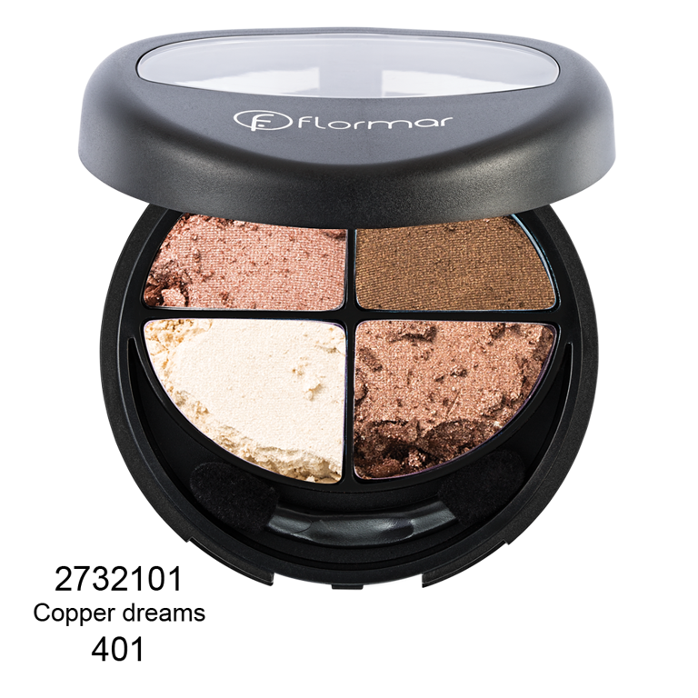 Четырехцветные тени Flormar Compact Quartet Eye Shadow 401-2732101 Просто, легко и быстро вы сможете сделать макияж глаз, используя тени для век бренда Flormar. В одной палетке Compact Quartet Eye Shadow четыре различных цвета, благодаря которым красота ваших глаз засияет еще ярче и ослепительней. Текстура теней для век очень мягкая и приятная: в состав входят специальные микрочастицы, благодаря которым тени не пересушивают нежную кожу век и при этом прекрасно держаться весь день, не осыпаясь.

Насыщенность оттенков зависит от того, каким способом вы будете наносить тени: сухим аппликатором - получаются более светлые оттенки, влажным - глубокие насыщенные цвета. Элегантный дневной макияж или яркий вечерний - палитра оттенков Compact Quartet Eye Shadow достаточно широка и дарит вашей фантазии полет любого уровня.

Способ применения: С помощью аппликатора или кисточки легким движением равномерно нанести на веки выбранный вами оттенок теней, хорошо растушуйте. Старайтесь равномерно наносить небольшое количество теней.

