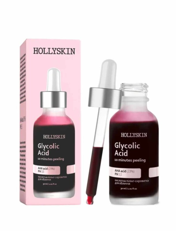 Кислотна сироватка-пілінг для обличчя HOLLYSKIN Glycolic Acid Кислотна сироватка-пілінг миттєво покращує колір і мікрорельєф обличчя, дозволяє шкірі сяяти. М'яко відлущує відмерлі клітини, зволожує й освіжає, зменшує видимість вікової і сезонної пігментації, усуває постакне. При регулярному використанні зменшує глибину вікових і розгладжує мімічні зморшки, робить шкіру гладкою і шовковистою. Гідролат троянди й олія з насіння моркви у складі запобігають пересушуванню шкіри, відновлюють пружність і природній тонус, усувають видимі прояви втоми.

Спосіб використання: нанести невелику кількість сироватки-пілінгу на очищену і суху шкіру обличчя під час вечірнього догляду. Залишити на 7-10  хвилин, потім ретельно змити пілінг ледь теплою водою. Увага! У перший день максимальний час використання 5 хв. При чутливій шкірі може бути незначне пощипування, печіння і легке почервоніння (уникати області навколо очей, губ, крил носа і слизових оболонок). Після використання засобу нанести заспокійливий крем. Застосовувати сироватку-пілінг 1-2 рази на тиждень з додатковим використанням сонцезахисного крему.

