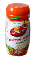 Чаванпраш без сахара (для диабетиков), 500г Sugarfree Dabur Препарат имеет то же действие, что и обычный Чаванпраш, при этом его применение разрешено при сахарном диабете благодаря отсутствию сахара в составе препарата. Чаванпраш является сильным омолаживающим, тонизирующим препаратом. Имеет сильное стимулирующее воздействие на иммунитет. Используется при заболеваниях эндокринной, пищеварительной системы, сердца, сосудов, верхних дыхательных путей, при гриппе. В составе более тридцати трав, среди них есть самостоятельные аюрведические средства, такие, как амла, ашвагандха, брами, шатавари, бильва, трибулус, харитаки, бала, перец пиппали.
Способ применения:
взрослым от 1/2 до 2 чайных ложек в день при дефиците витаминов и минералов, состояниях стресса или переутомлении, а также для повышения общей cопротивляемости организма, особенно в период выздоровления;
для замедления процесса старения, удаления продуктов неполного метаболизма, приведения в равновесие нейроэндокринной системы и эфирного тела препарат принимают по 1/3 чайной ложки 3 раза в день за 10-15 минут до еды; 
пожилым и людям старческого возраста принимать по 1/3 чайной ложки 2-3 раза в день