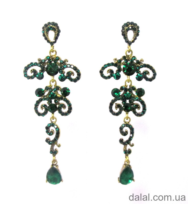 Серьги вечерние с зелеными камнями 10см 32035 