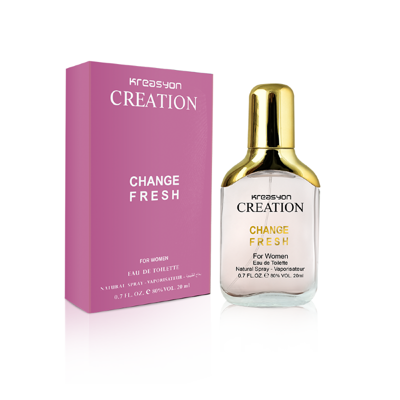 Туалетная вода KREASYON CREATION CHANGE FRESH 20мл 3541061 Начальные ноты:	цитрусы и кедр.
Ноты "сердца":	розовый перец, водяной гиацинт и жасмин;
Конечные ноты:	тиковое дерево, ирис, амбра, пачули, ветивер и белый мускус.
     Аромат фантастически перевоплотился в более невесомую и искрящуюся свежестью, неожиданно и интересно раскрывается цветочно-фруктовым взрывом сочных цитрусовых, водного гиацинта и абсолю жасмина, выдвинутых на первый план. В «сердце» сила яркой вспышки немного ослабевает и, не торопясь, окутывает древесным и успокаивающим теплом амбры, пачули и тикового дерева, оставляя в шлейфе мягкость и нежность ветивера и белого мускуса.
Копия аромата Chance Eau Fraiche