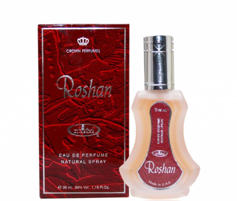Духи спрей Roshan (35ml) Это очень восточные духи с древесно - приятным ароматом сандалового дерева и индийскому Agarwood. Легкие оттенки нежного жасмина и янтаря. Очень расслабляющий и мягкий аромат средней тяжести.