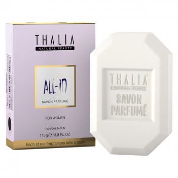 Парфюмированное мыло Thalia ALL IN для женщин, 115г  3605065 Подарите себе сеанс ароматерапии, изысканный уход за кожей и незабываемые эмоции! Парфюмированное мыло ALL-IN окутает ваше тело интенсивным ароматом трех волшебных нот и обильной мягкой пеной. Вы не сможете устоять перед магическим ароматом нежных и в то же время сильных и изысканных лепестков кашемирового дерева, амбры и жасминовой лилии. Не содержит щелочи, парабенов и животного жира.