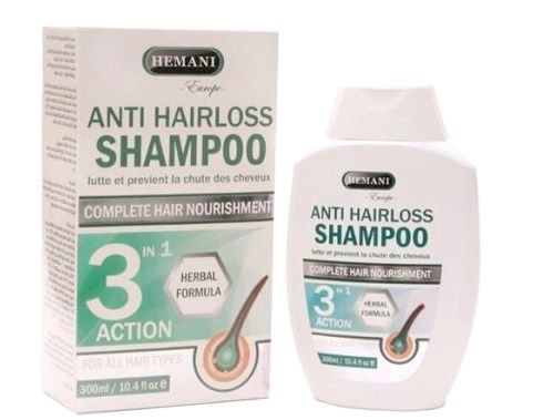 Шампунь від випадіння волосся Anti Hairloss 300мл Hemani Натуральный травяной шампунь Anti Hairloss ( Hemani ) - усиленная формула питания волос. Активизирует жизненный цикл волосяных фолликулов, встраивая аминокислотный комплекс в белковую структуру волос. Корректирует поврежденные звенья кератиновой цепочки волос.

Травяная формула шампуня регулирует функции сальных желез волосистой части кожи головы,

Шампунь Anti Hairloss  обогащен витаминными комплексами. Кофеин стимулирует рост волос, В -3 витаминный  комплекс ( Ниацин, никотиновая кислота) - расширяет капилляры , дает приток к фолликулам волоса питательных веществ, тем самым укрепляя их структуру. Вышеперечисленные витаминные  комплексы имеют высокие детоксикационные  свойства. Они нейтрализуют вредные вещества из окружающей среды, химическое  воздействий, разрушающие структура белка волос .

Объем: 300 мл.