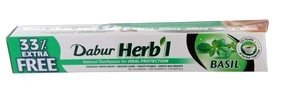 Лечебная зубная паста с базеликом Dabur Аюрведическая зубная паста с экстрактом базеликапредотвращает разрушение зубной эмали, укрепляет десны, снимает зубной налет и эффективно борется с неприятным запахом изо рта.