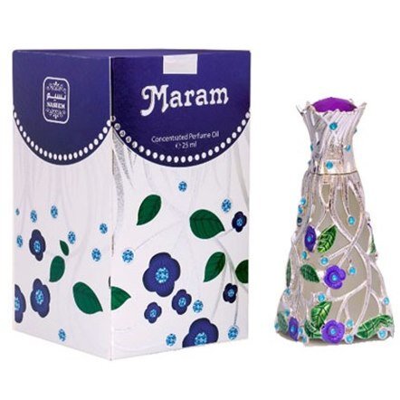 Масляные духи Maram 25 ml Свежий и яркий аромат Maram от Naseem — изысканное сочетание фруктовых нот в начале, роскошного цветочный букета в сердце и сладковато-ванильной базы в основе. Флакон, украшенный сплетением серебряных ветвей и эмалевых цветков и листьев достойно дополняет аромат.

Верхние ноты: клубника, дыня, ананас
Средние ноты: фрезия, жасмин, роза, лилия 
Базовые ноты: кедр, белый мускус, кокос, ваниль