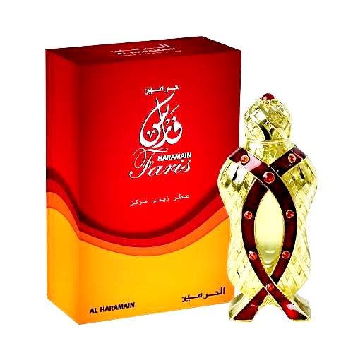 Al Haramain Faris  Один мир недостаточно, чтобы наслаждаться удовольствиями Фариса, духа, который величественно сметит вас с ног, как рыцарь, и проводит вас в путешествие, чтобы обнаружить места, где вы никогда не были, например, ананасовый лес, глубокое дерево кедра, Планету пачули и галактику янтарного пути. Фарис сочетает в себе лучшие из фруктовых, древесных, цветочных и животных миров все в один блестящий аромат, который вы хотели бы сохранить столько, сколько потребуется, чтобы исследовать четыре мира. Наслаждайтесь чудесными открытиями каждый день.
Верхняя нота: Бергамот, Ананас 
Средняя нота: Кедровое дерево, Пачули, Жасмин. 
Нота основания: Мосс, Янтарь