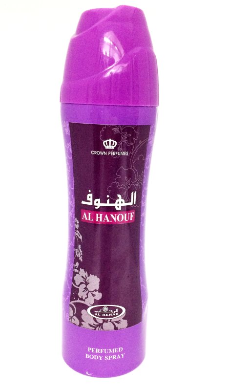 Дезодорант Al Hanouf 200ml  Al-Hanouf-это аромат для женщин, принадлежит к группе ароматов цветочные древесно-мускусные. Композиция аромата включает ноты: таифская роза, дерево Агар и Амбра. Арабские масляные духи Al Rehab - это чудесная смесь на основе натуральных масел.