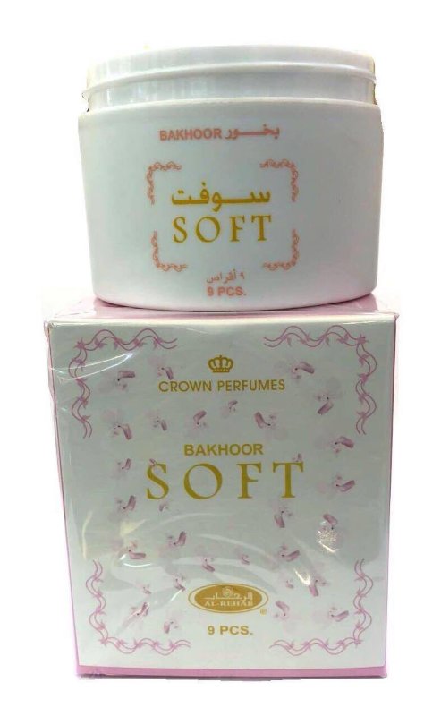 Бахур Soft Al-Rehab (9 pieces about 66g)  Это насыщенный, женственный и чувственный аромат раскрывается ароматами ванильной орхидеи, жасмина, ванильной орхидеи и розы, пачули, сандала, мускуса, амбры, стиракса и пряностей.